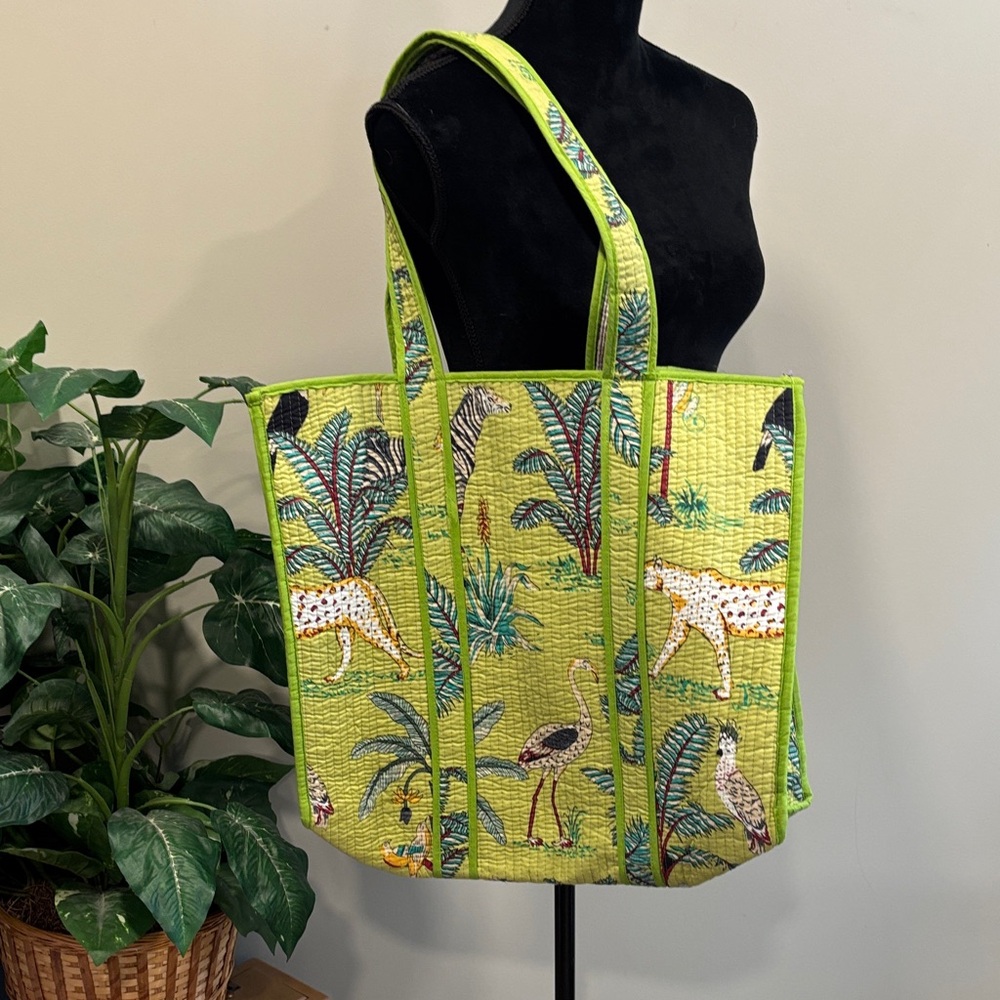 Rooh Lime Green Quilted Tropical Wildlife Print Tote Bag NWT